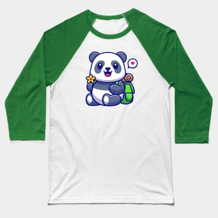 Cute Panda Holding Flower With Backpack Cartoon Baseball T-Shirt